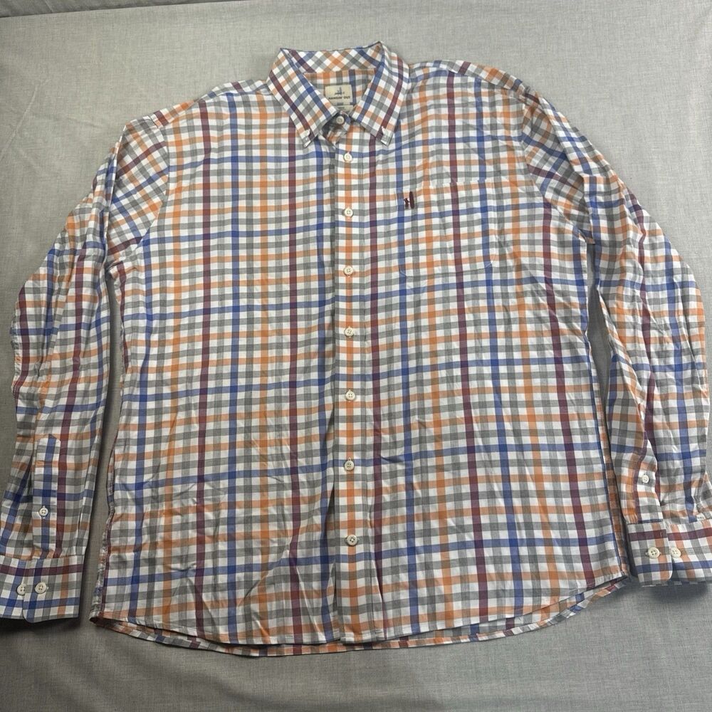 Johnnie-O Mens XL Hangin Out Plaid Shirt Orange Blue Check Untucked Casual